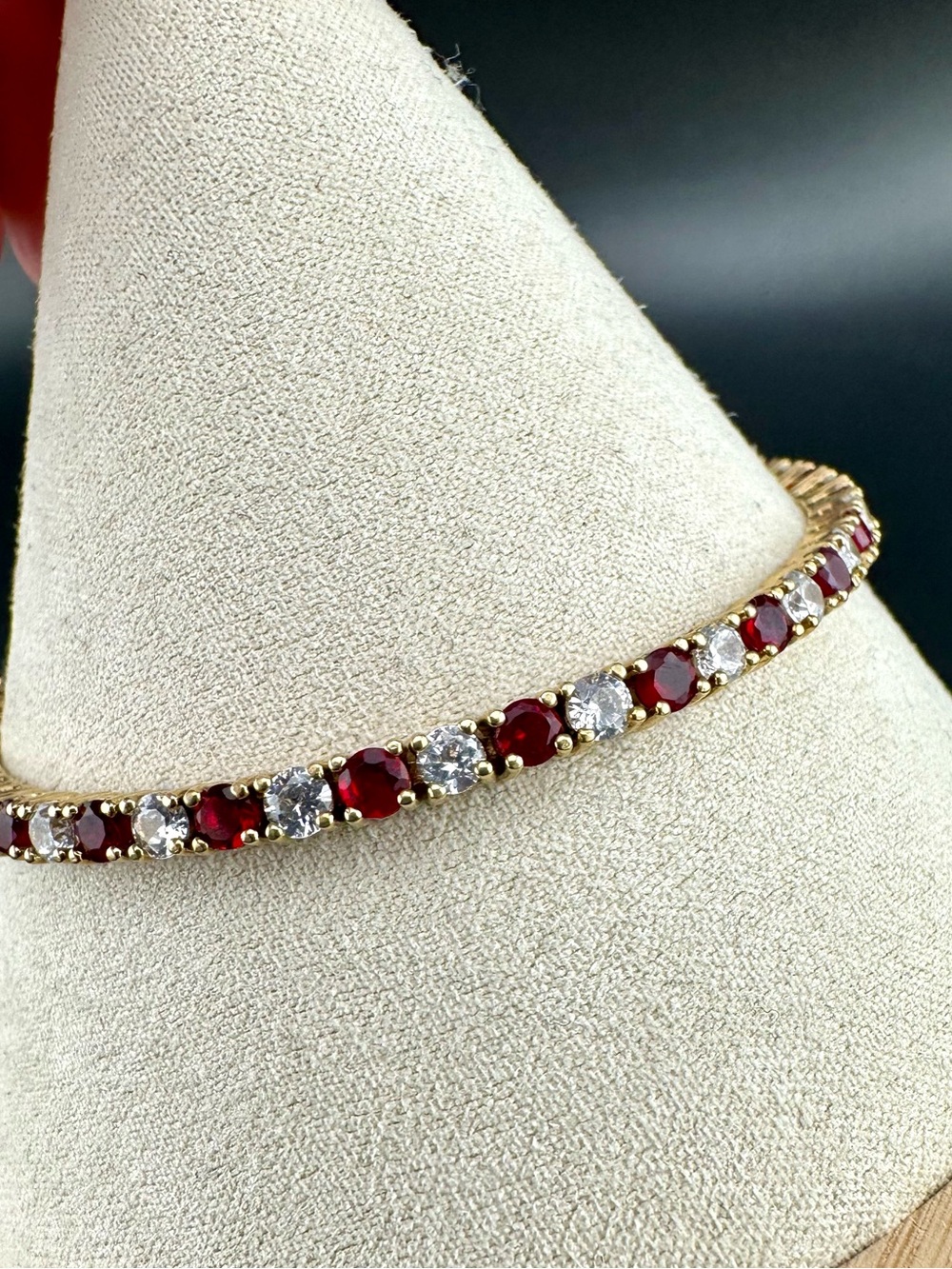 Ruby red CZ diamond round tennis line bracelet gold vermeil sterling silver